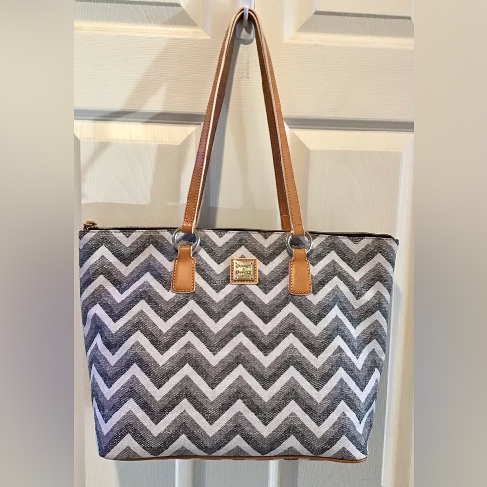 Dooney & Bourke Gray and White Chevron Tote with Tan Leather Straps